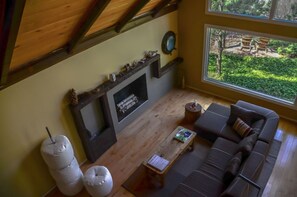 Télévision, cheminée, baby-foot, livres