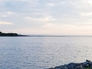Ruhige See mit steiniger Küste und einer fernen Landmasse.
