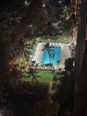 Une piscine sur le toit offrant une vue dégagée sur les environs, notamment sur une pelouse bien entretenue et des palmiers.