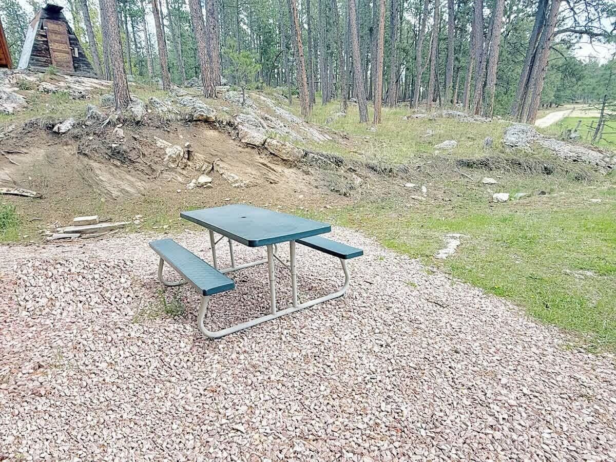 Ein Picknicktisch mit Bänken in einer bewaldeten Gegend, mit einem Feldweg und einem kleinen Gebäude im Hintergrund.