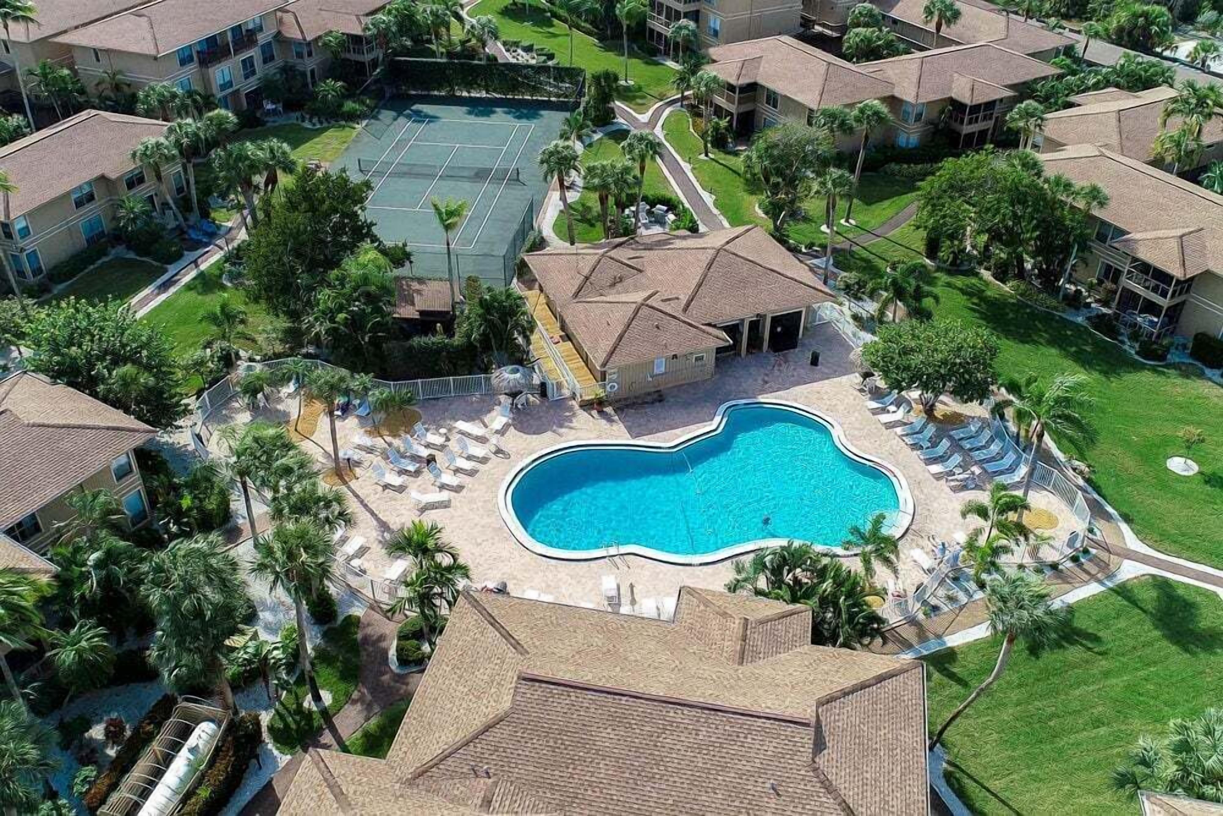 A residential area with a swimming pool surrounded by lounge chairs and palm trees.