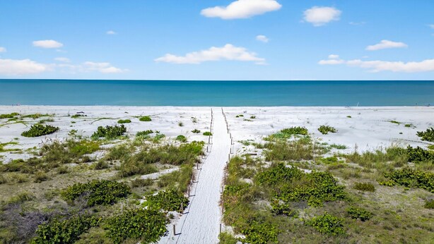 A beach with a sandy path leading to the ocean, surrounded by sparse vegetation.