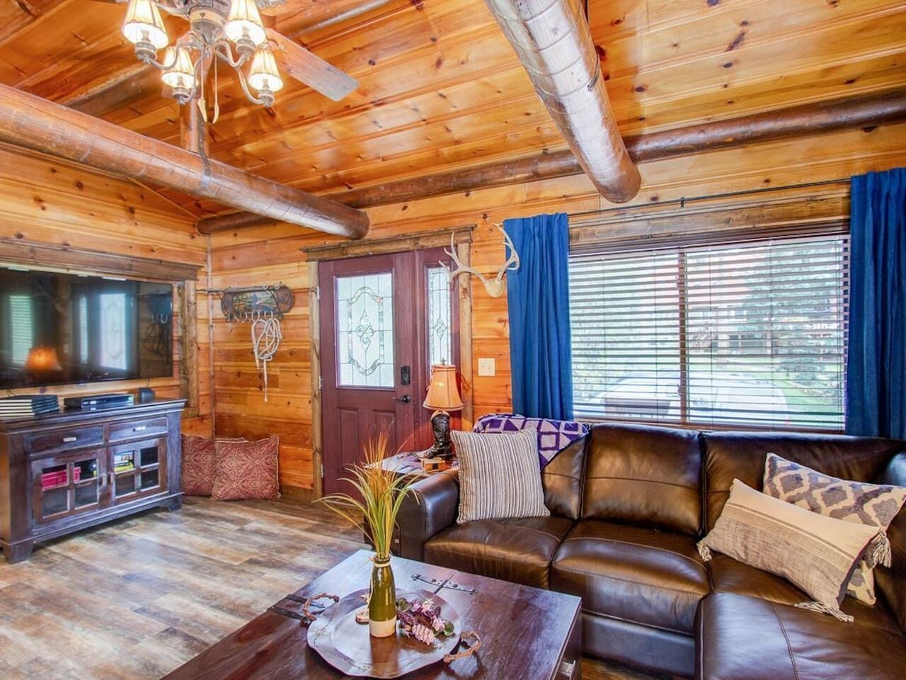 Smart TV, fireplace, books, music library