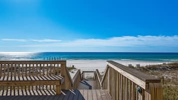 On the beach, sun-loungers