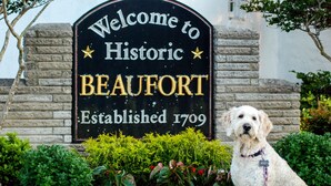 A historic welcome sign for Beaufort with a dog in the foreground. - Historic Corner Cottage - charming 3 bedroom walking distance to waterfront (Beaufort)