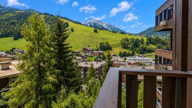 Un paysage montagneux avec un village, un grand pin remarquable et une construction en bois.