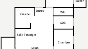 Un plan d’étage comprenant une cuisine, une salle à manger, deux chambres, une salle de bain, des toilettes, un balcon et un salon.