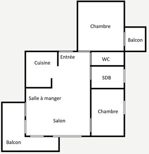 A floor plan with a kitchen, dining room, two bedrooms, a bathroom, a bathroom, a balcony, and a salon. - Charming 3-room apartment, pets allowed, mountain ambiance (La Clusaz)