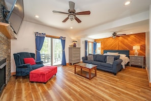 Smart TV, fireplace, video games, DVD player