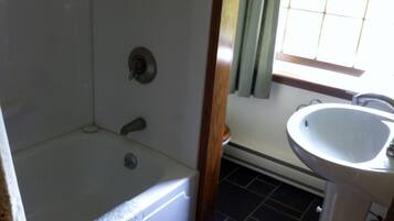 Combined shower/tub, hair dryer, towels, soap