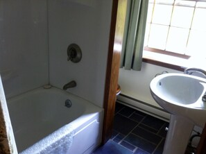 Combined shower/bathtub, hair dryer, towels, soap