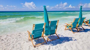 On the beach, sun loungers