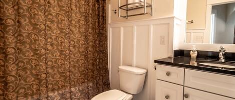 A bathroom with a toilet, a sink, and a mirror.