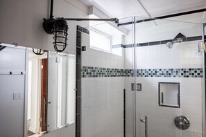 Shower, hair dryer, towels, soap