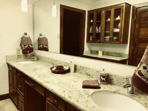 Hair dryer, towels, soap, shampoo