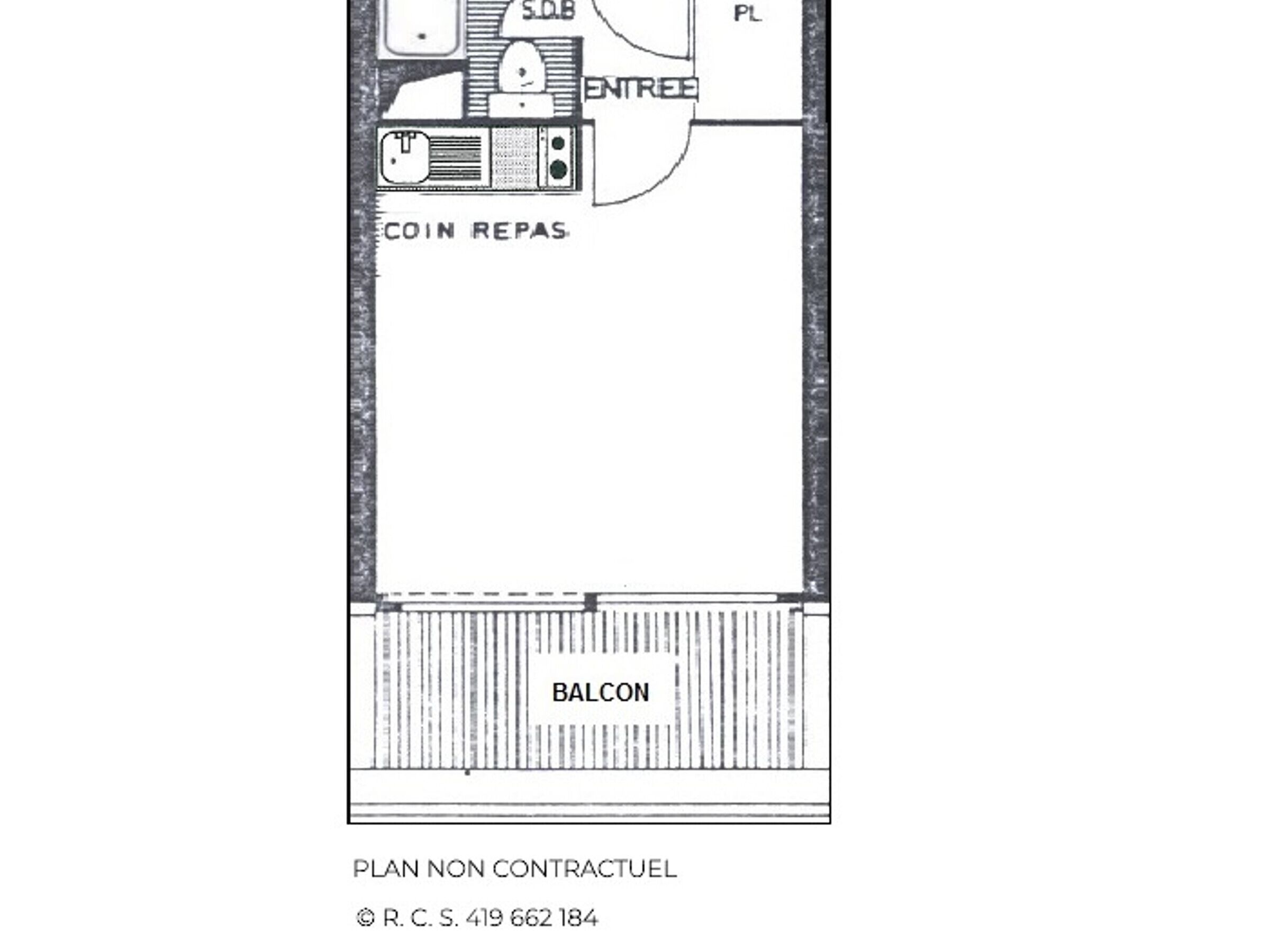 A hotel plan with a balcony area, coin return machine, and entrance.