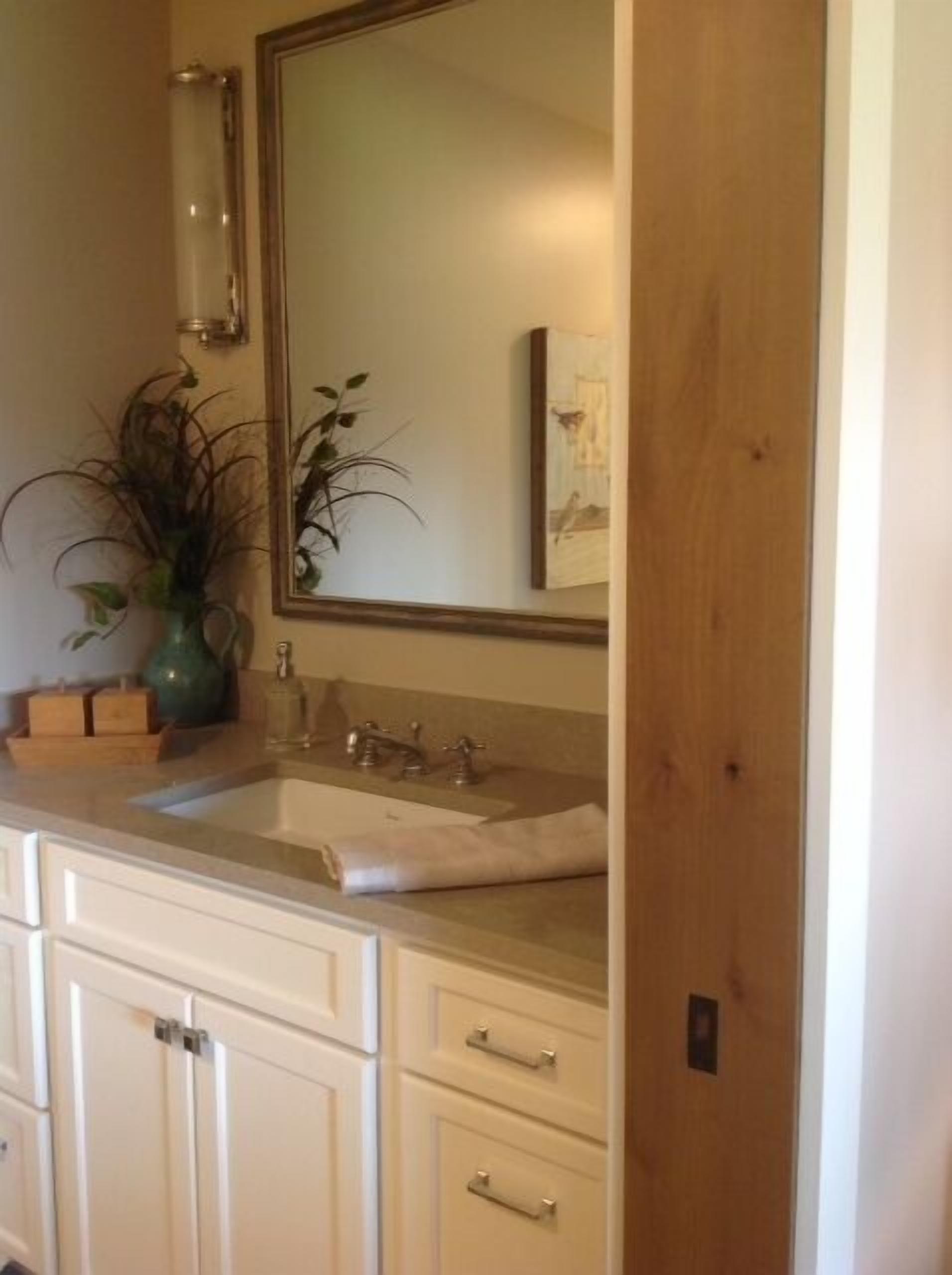 A bathroom with a sink, mirror, cabinets, and a potted plant.