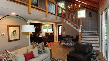 TV connectée, cheminée, lecteur de DVD, livres