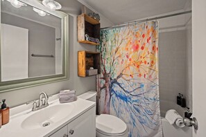 Combined shower/bathtub, eco-friendly toiletries, hair dryer, towels - Linny's Cozy Southwick Retreat Near the Lake (Southwick)