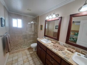 Combined shower/tub, hair dryer, towels, soap
