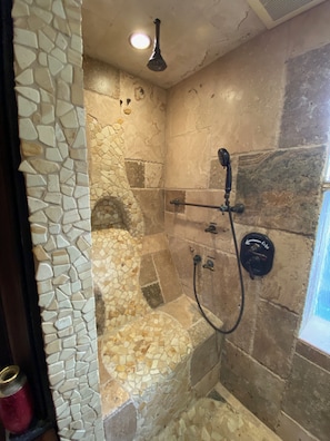 Hair dryer, towels, soap, toilet paper
