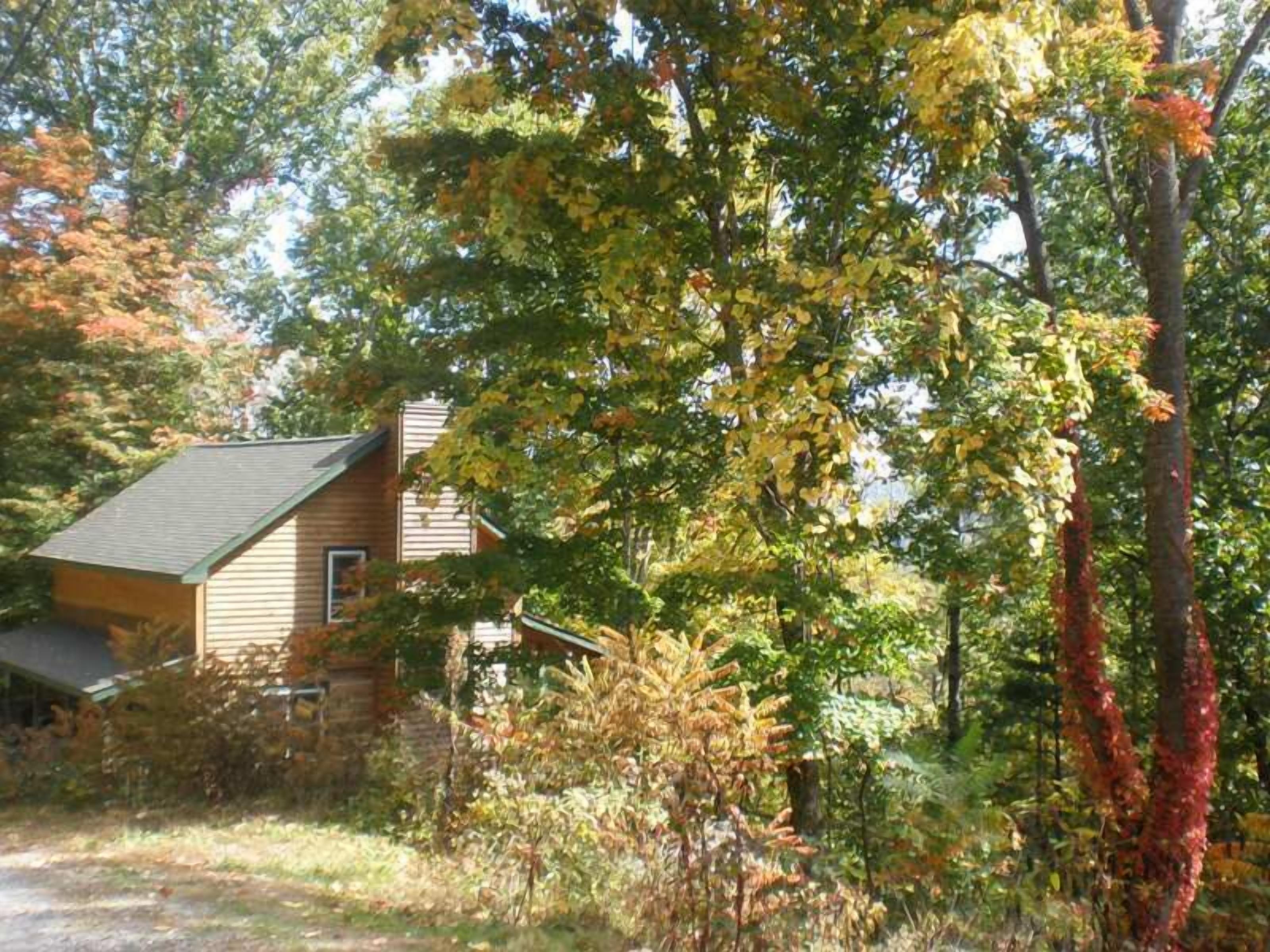 Un chalet rustique entouré d’une végétation luxuriante et d’arbres aux feuilles d’automne.