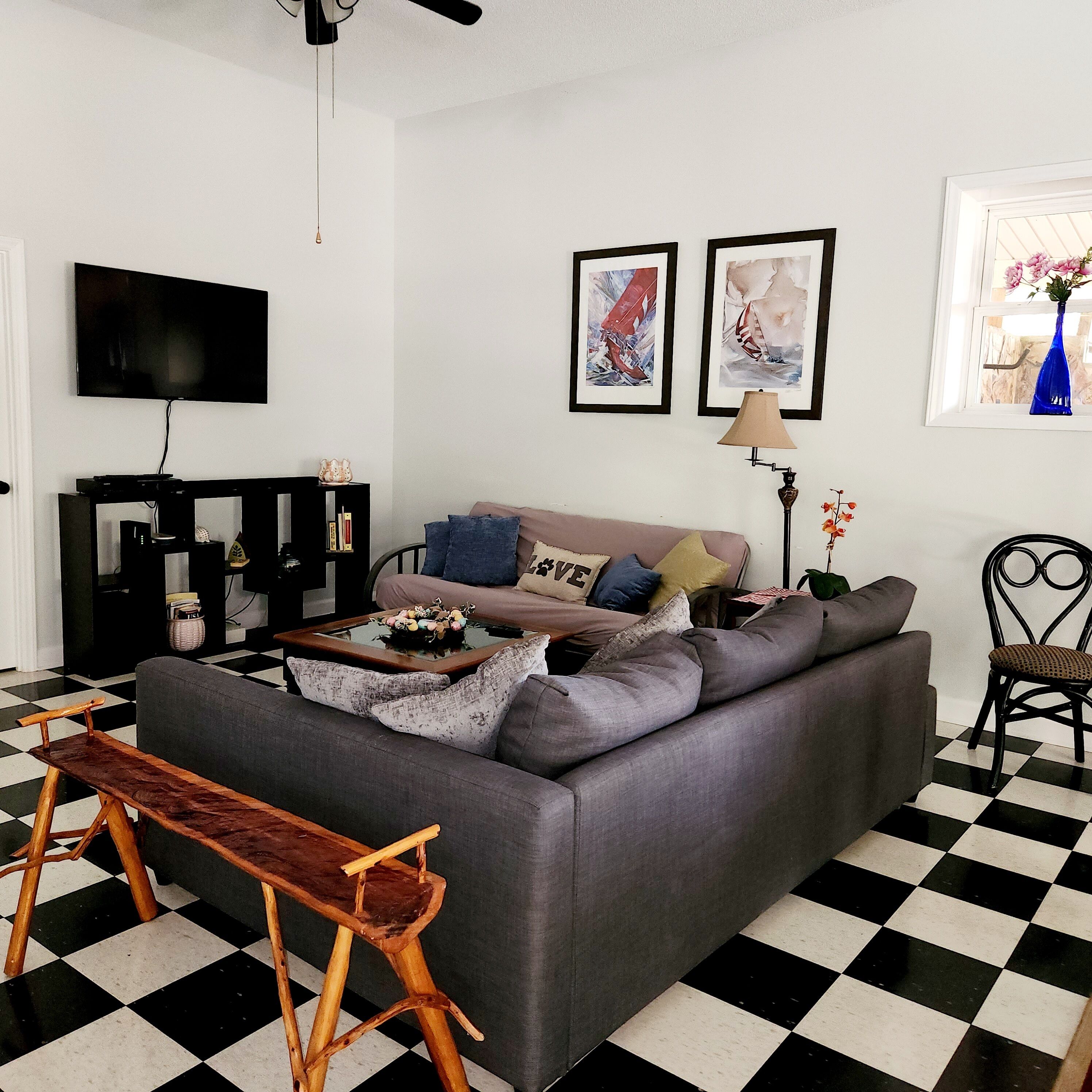 Älytelevisio, DVD-soitin, kirjoja, videokirjasto