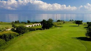 Ein Golfplatz mit einer Brücke, Bäumen und einem Gewässer im Hintergrund.