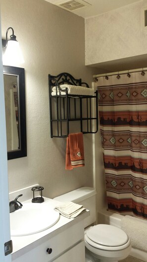 Combined shower/bathtub, hair dryer, towels