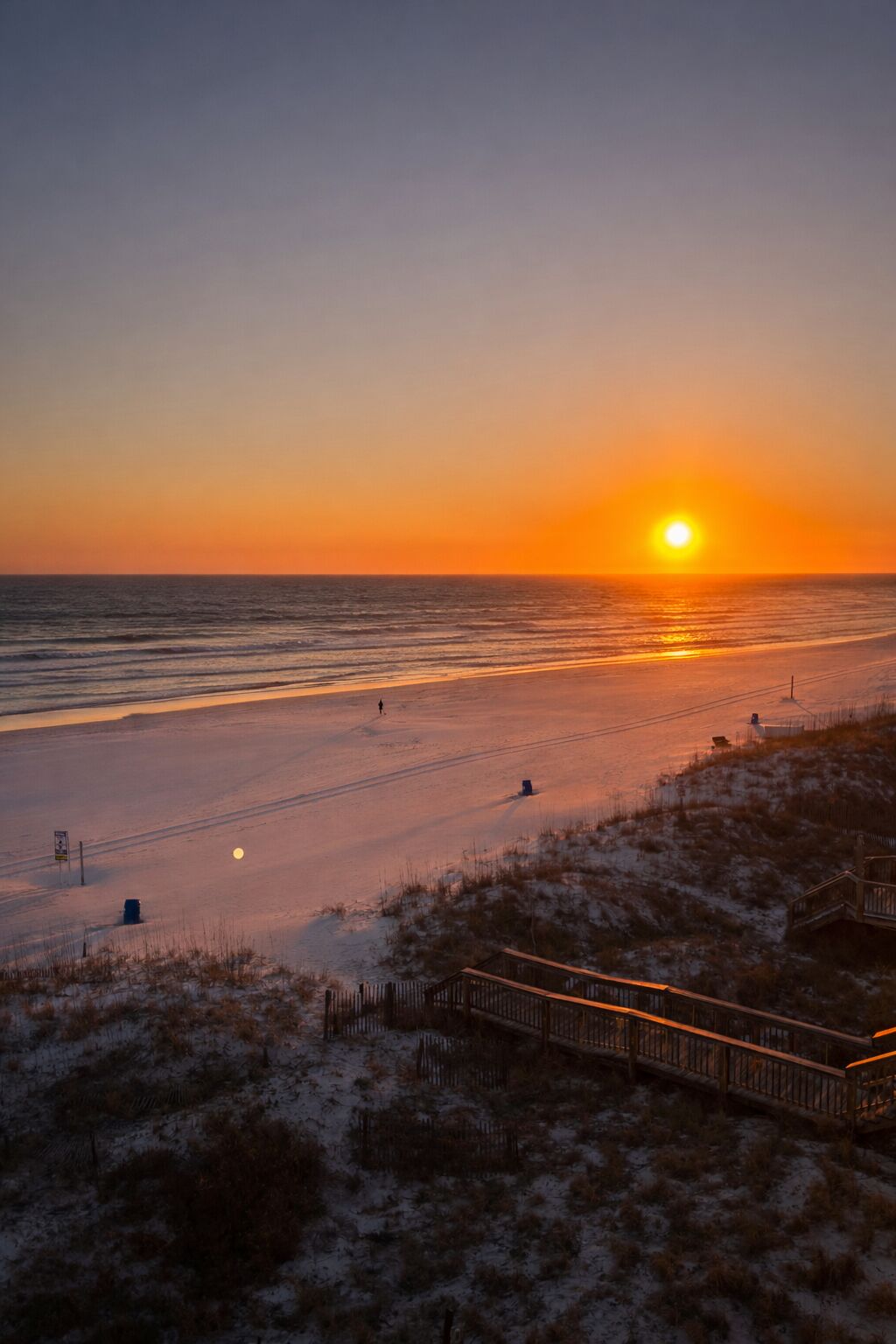 A beach at sunset with a wooden boardwalk leading to the water.