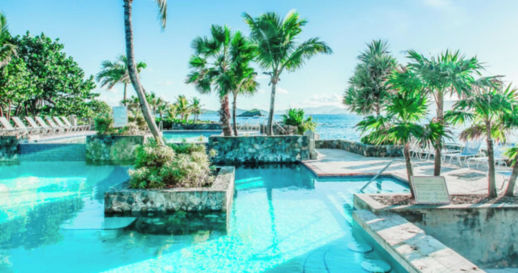 A swimming pool with clear water, surrounded by palm trees and lounge chairs, with a view of the ocean.