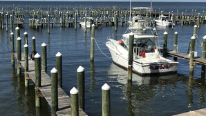 A marina with multiple boats docked at wooden piers, surrounded by calm water. - Luxury Beachfront Home, with Ramp; Sleeps up to 18! (Gulf Shores)