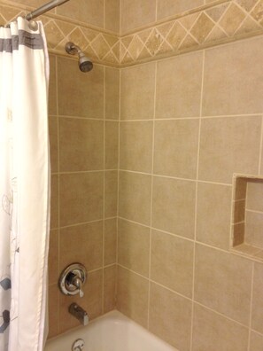 Combined shower/tub, hair dryer, towels, soap