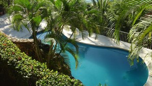 Una piscina rodeada de exuberante vegetación y vista al océano.