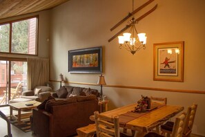 Älytelevisio, takka, DVD-soitin, kirjoja