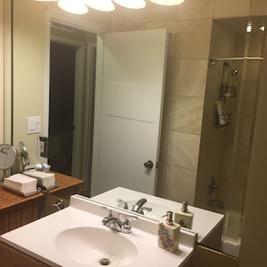 Combined shower/bathtub, hair dryer, towels, soap