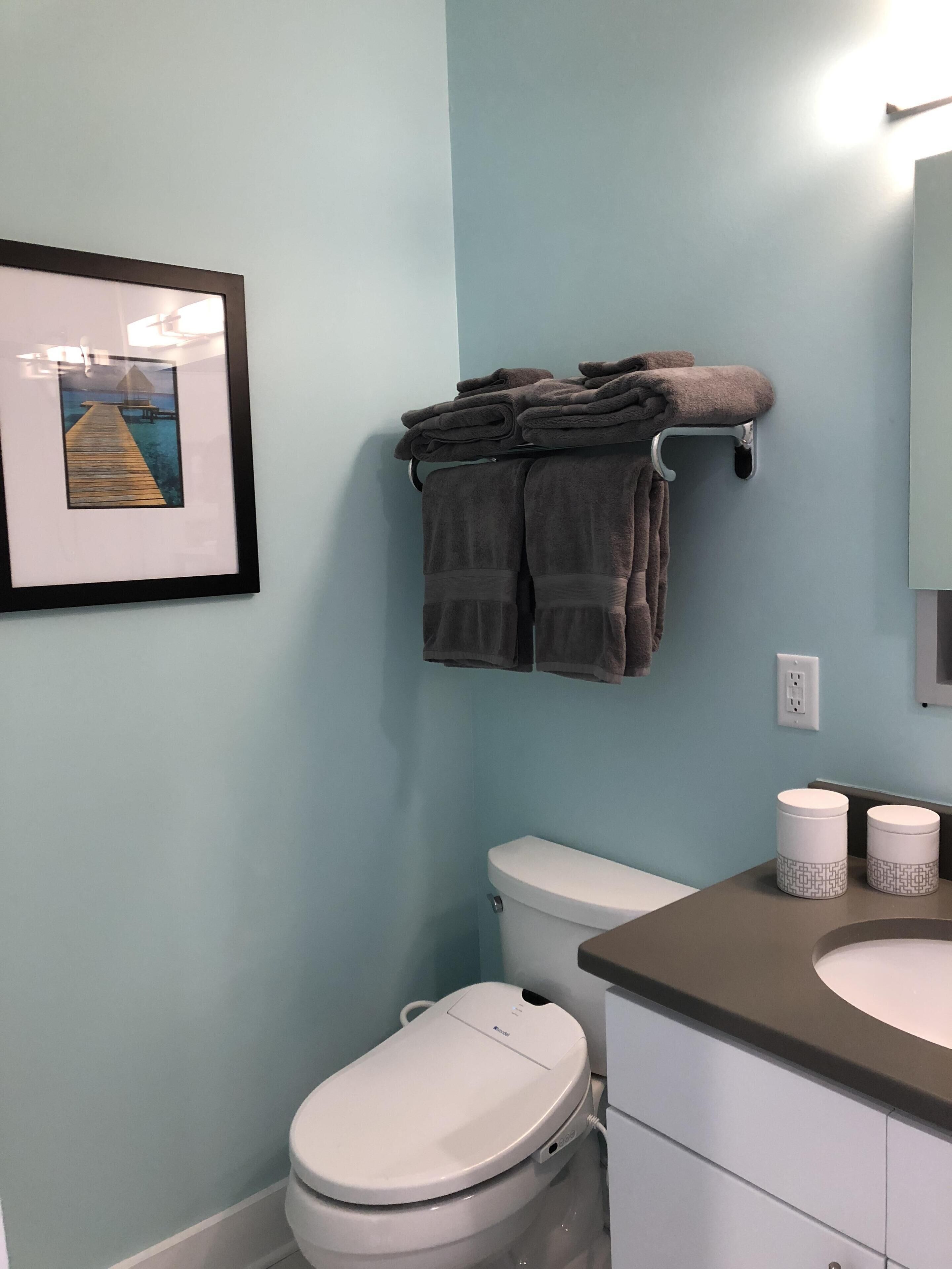Un baño con inodoro, lavamanos con dos recipientes y un cuadro en la pared.