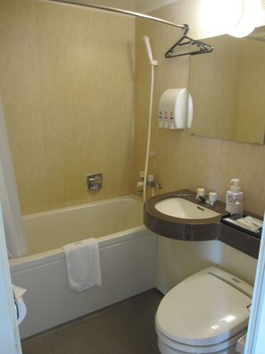 Combined shower/tub, free toiletries, hair dryer, slippers