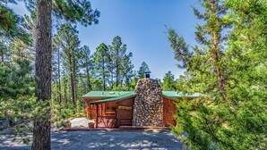 A rustic cabin with a stone chimney, surrounded by tall pine trees. - Happy Bears Cabin | Beary Cozy Getaway w/ Fireplace & Forest Views (Ruidoso)