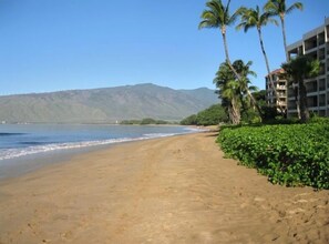 A beach with a clear view of the ocean and mountains in the background.