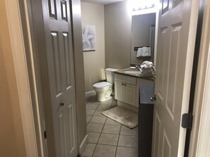 Hair dryer, towels, soap, shampoo