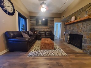 TV connectée, cheminée, lecteur de DVD, livres