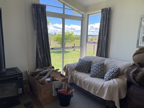 Smart TV, fireplace, DVD player, books