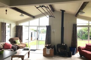 Smart TV, fireplace, DVD player, books