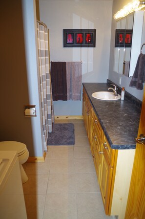 Combined shower/tub, towels