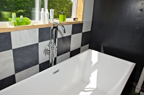 Hair dryer, towels, soap, toilet paper