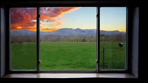 A window with a view of a green field and mountains. - Super Fun Shipping Container Home! Spacious and Stylish! (Sumner)