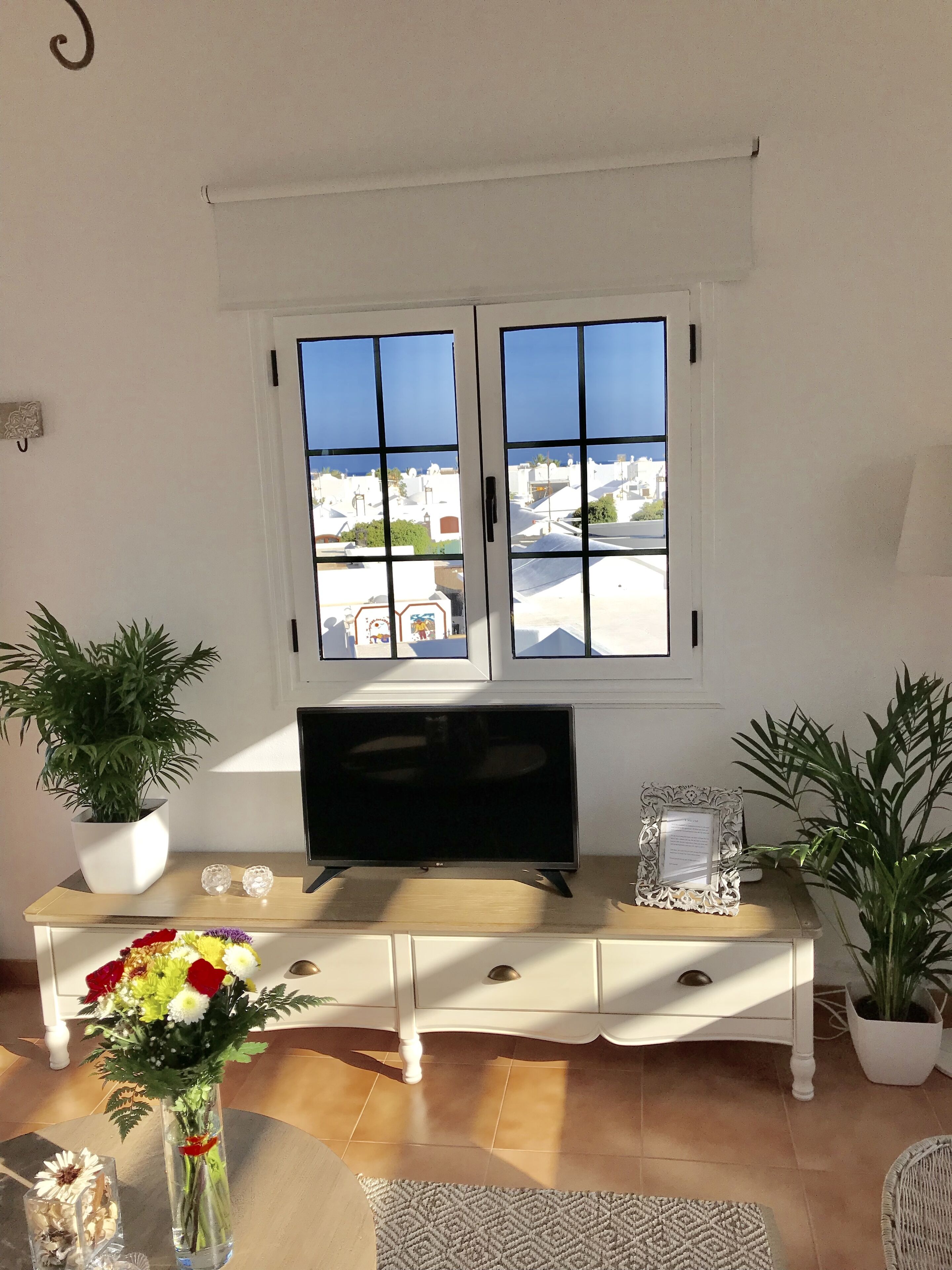 A living room with a TV on a wooden stand, a white cabinet, a vase with flowers, and two potted plants.