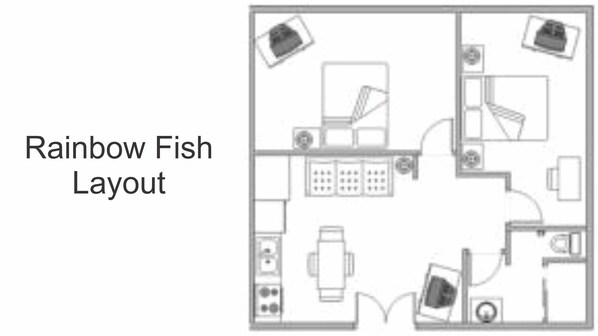 A kitchen layout with a central island, a dining area, and a separate cooking area. - CONDO FOR RENT LARGE GROUP up to 20-30 (puerto peñasco)