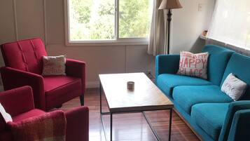 Smart TV, fireplace, books, stereo